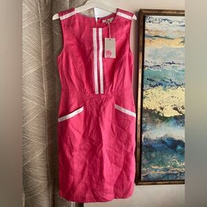 Boden  Linen Sleeveless Shift Dress Size 4R Pink  White Pockets NWT